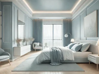 ห้องนอนโทนฟ้าอมเทา ผนังเซาะร่อง ม่านโปร่งรับแสงธรรมชาติ
