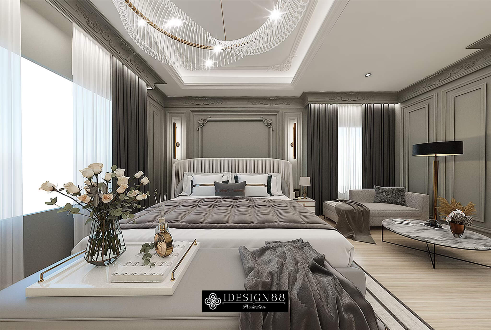 ห้องนอนใหญ่ผนังบุกรอบบัวโทนเทาเขียวพร้อมหัวเตียงบุร่อง บ้านเดี่ยว Burasiri Pattannakarn หลังที่ 2 โดย iDesign88