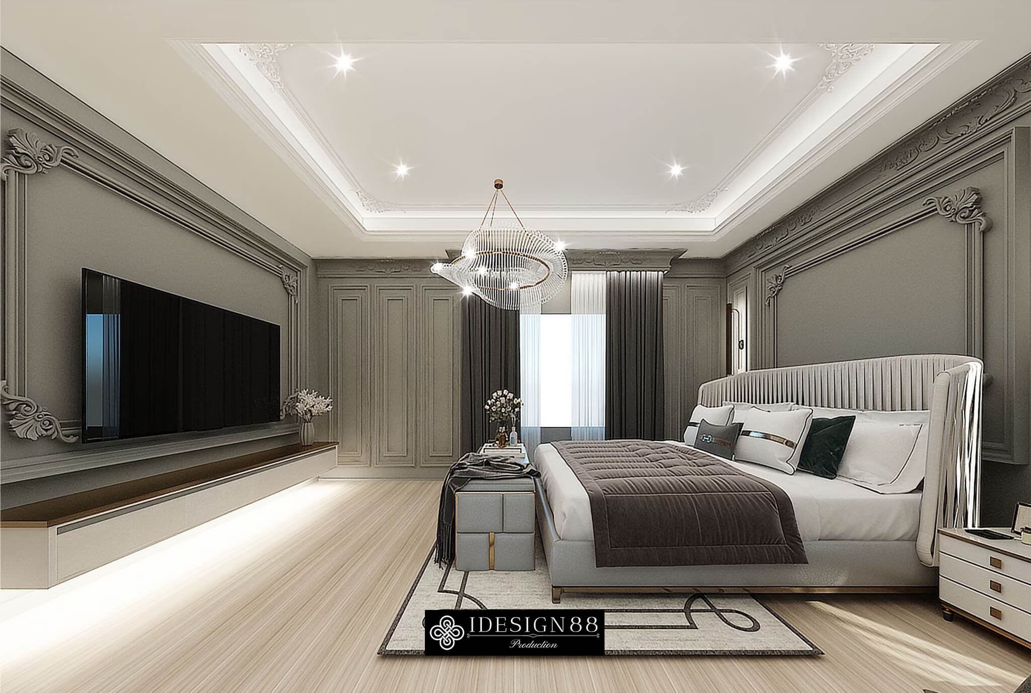 ห้องนอนใหญ่ผนังบุกรอบบัวโทนเทาเขียวพร้อมหัวเตียงบุร่อง บ้านเดี่ยว Burasiri Pattannakarn หลังที่ 2 โดย iDesign88