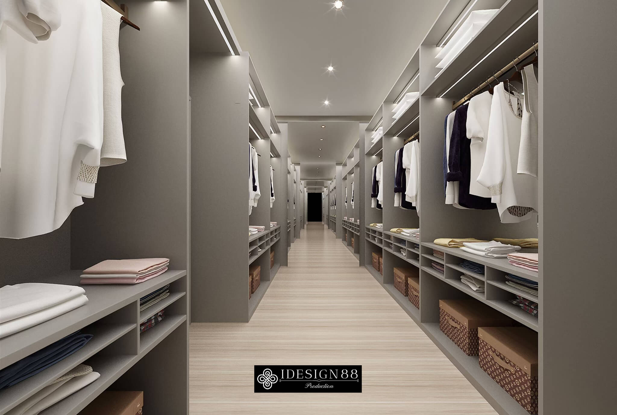 ห้องเก็บเสื้อผ้าแบบชั้นเปิดพร้อมไฟในราวแขวน บ้านเดี่ยว Burasiri Pattannakarn หลังที่ 2 โดย iDesign88