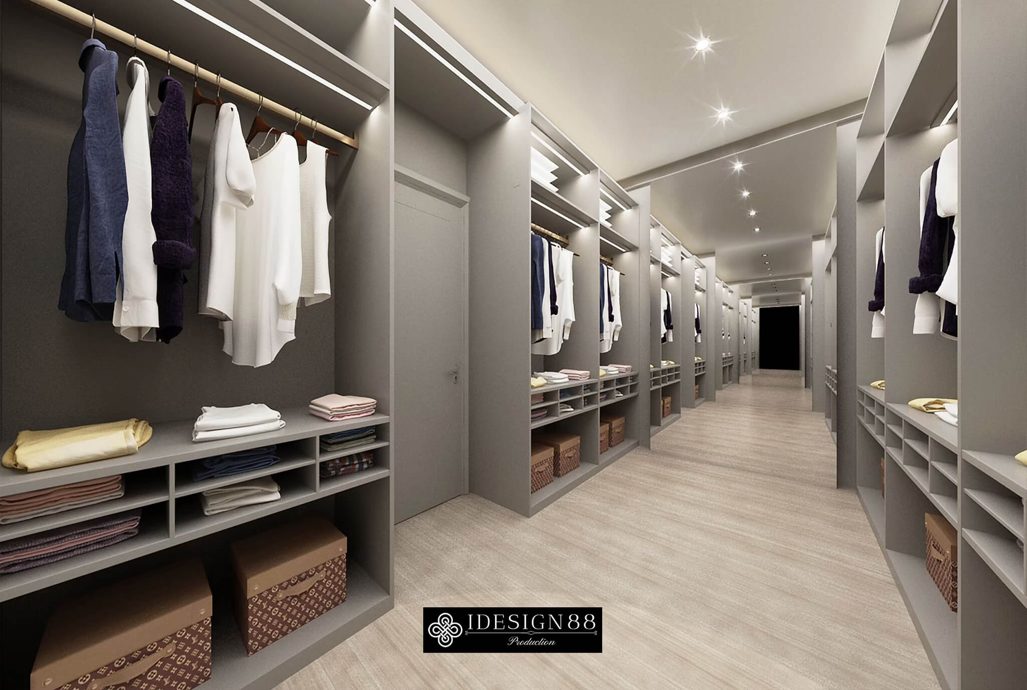 ห้องเก็บเสื้อผ้าแบบชั้นเปิดพร้อมไฟในราวแขวน บ้านเดี่ยว Burasiri Pattannakarn หลังที่ 2 โดย iDesign88
