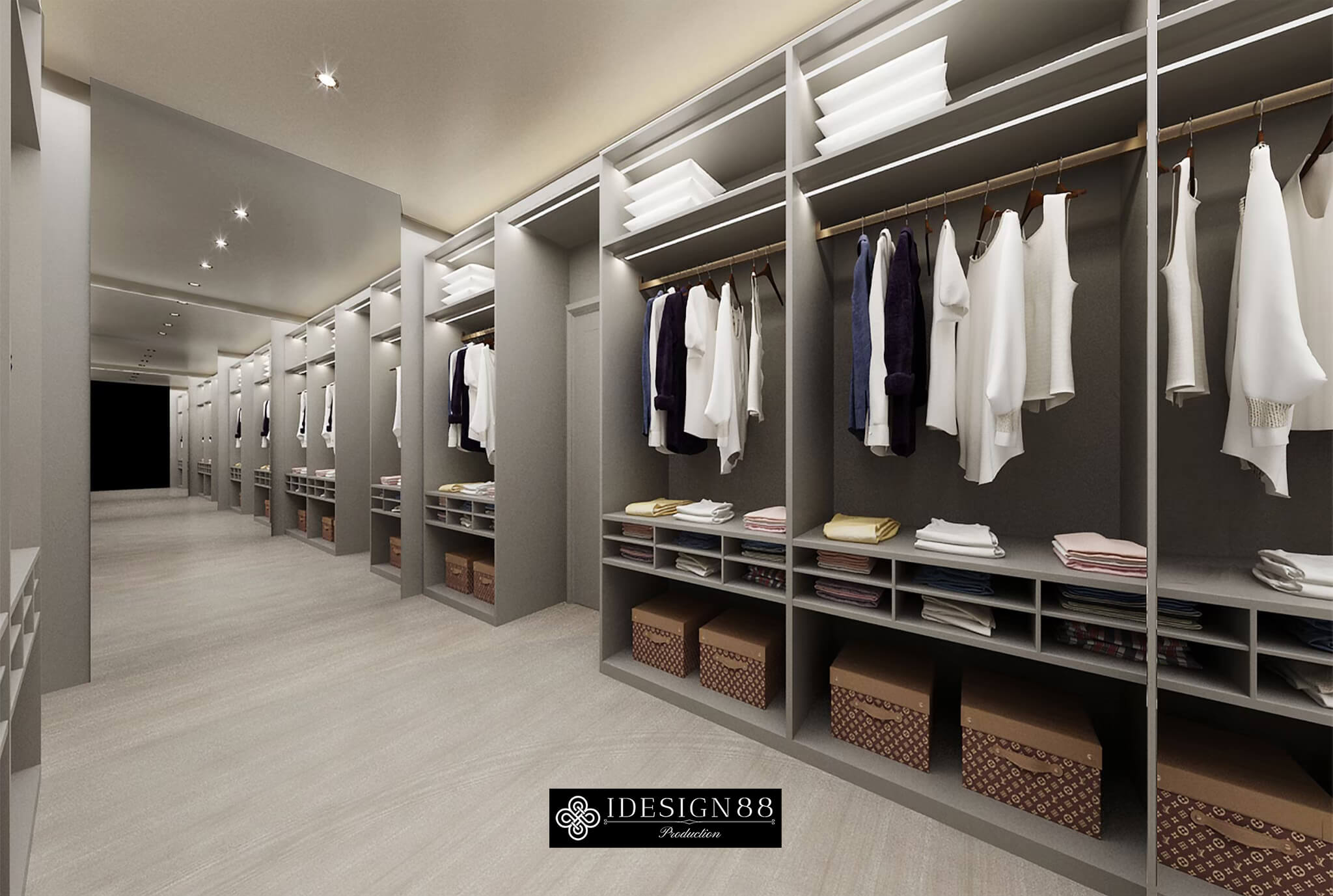 ห้องเก็บเสื้อผ้าแบบชั้นเปิดพร้อมไฟในราวแขวน บ้านเดี่ยว Burasiri Pattannakarn หลังที่ 2 โดย iDesign88
