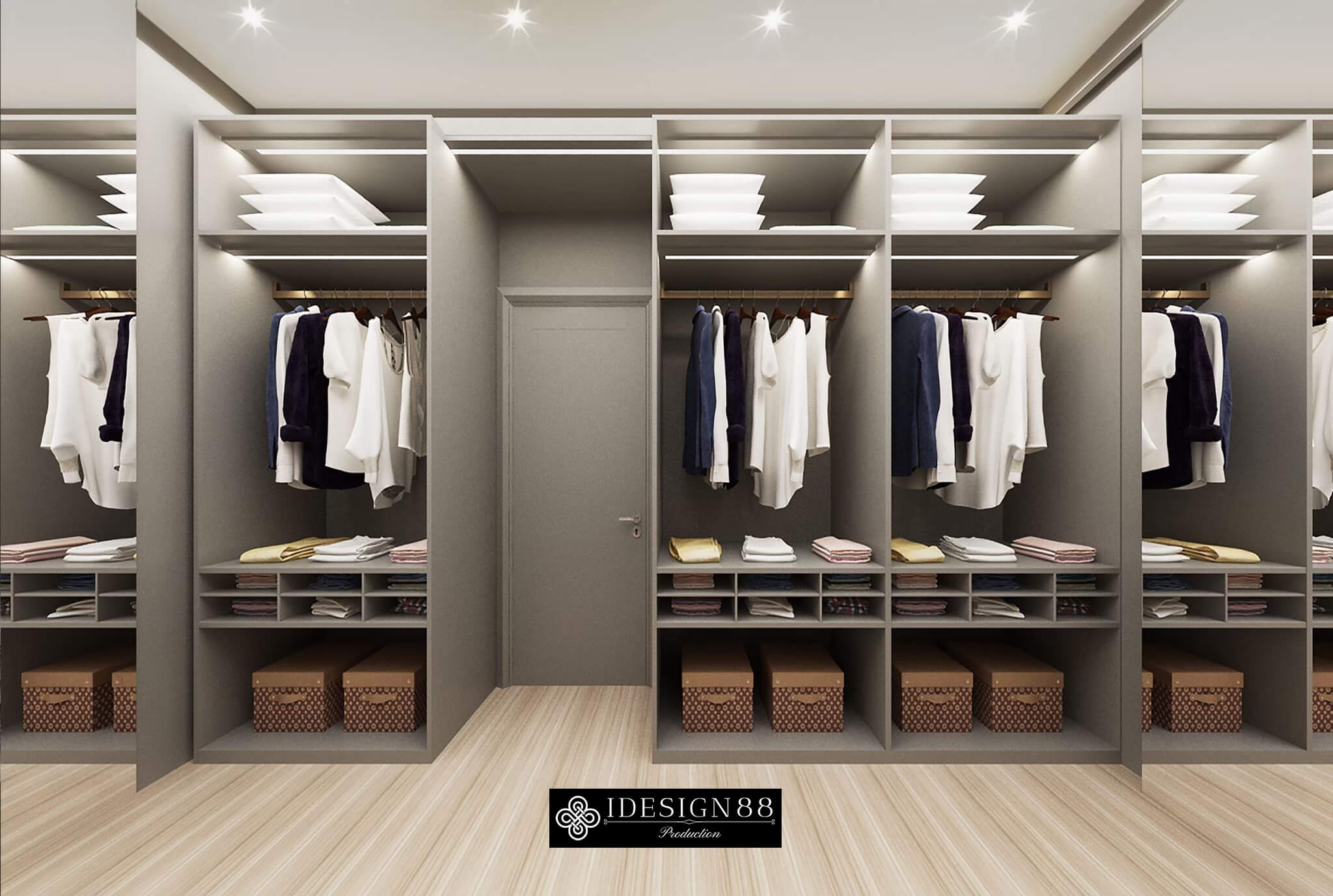 ห้องเก็บเสื้อผ้าแบบชั้นเปิดพร้อมไฟในราวแขวน บ้านเดี่ยว Burasiri Pattannakarn หลังที่ 2 โดย iDesign88