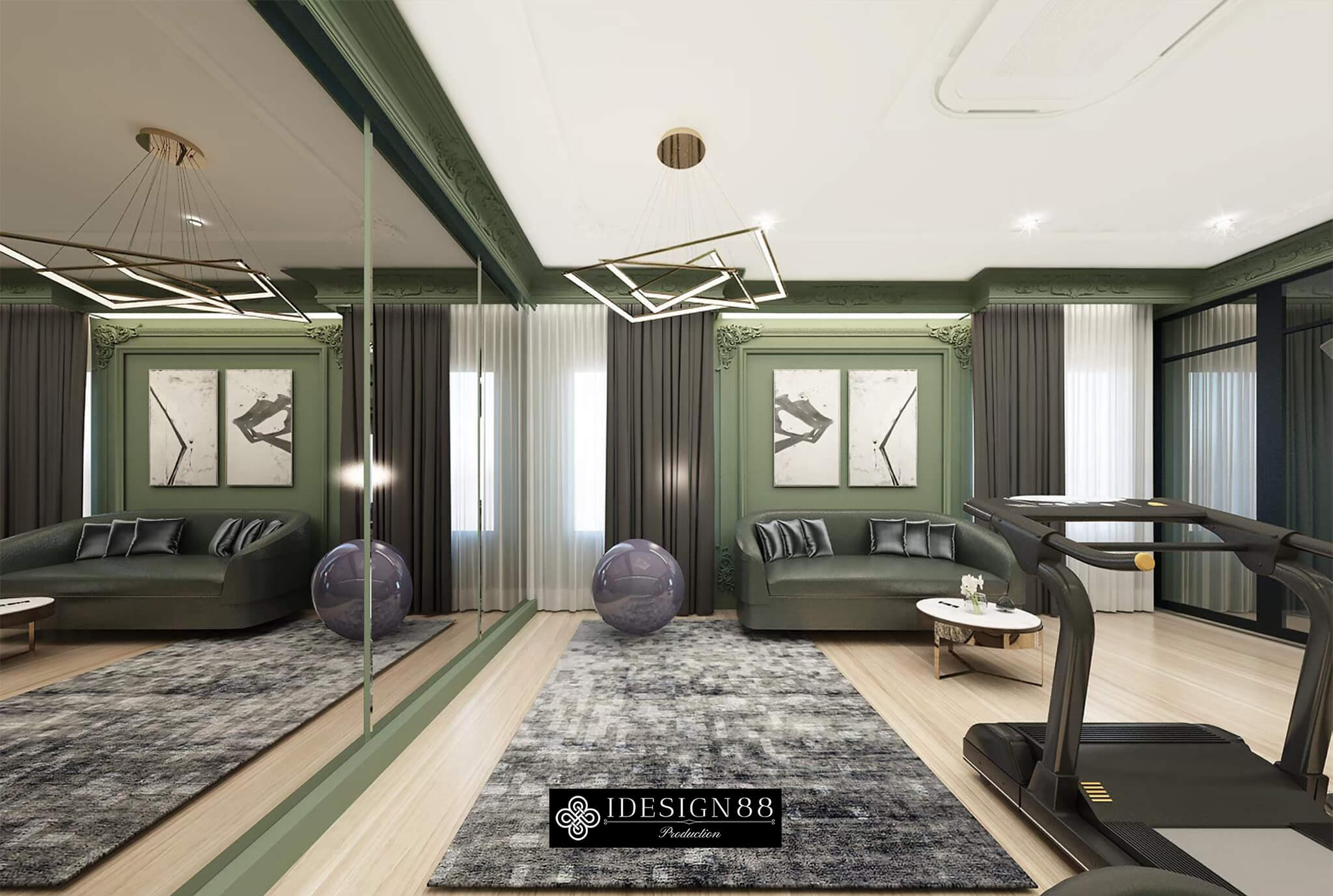ห้องออกกำลังกายในบ้านผนังโทนเขียวมะกอกพร้อมผนังกระจกเงา บ้านเดี่ยว Burasiri Pattannakarn หลังที่ 2 โดย iDesign88