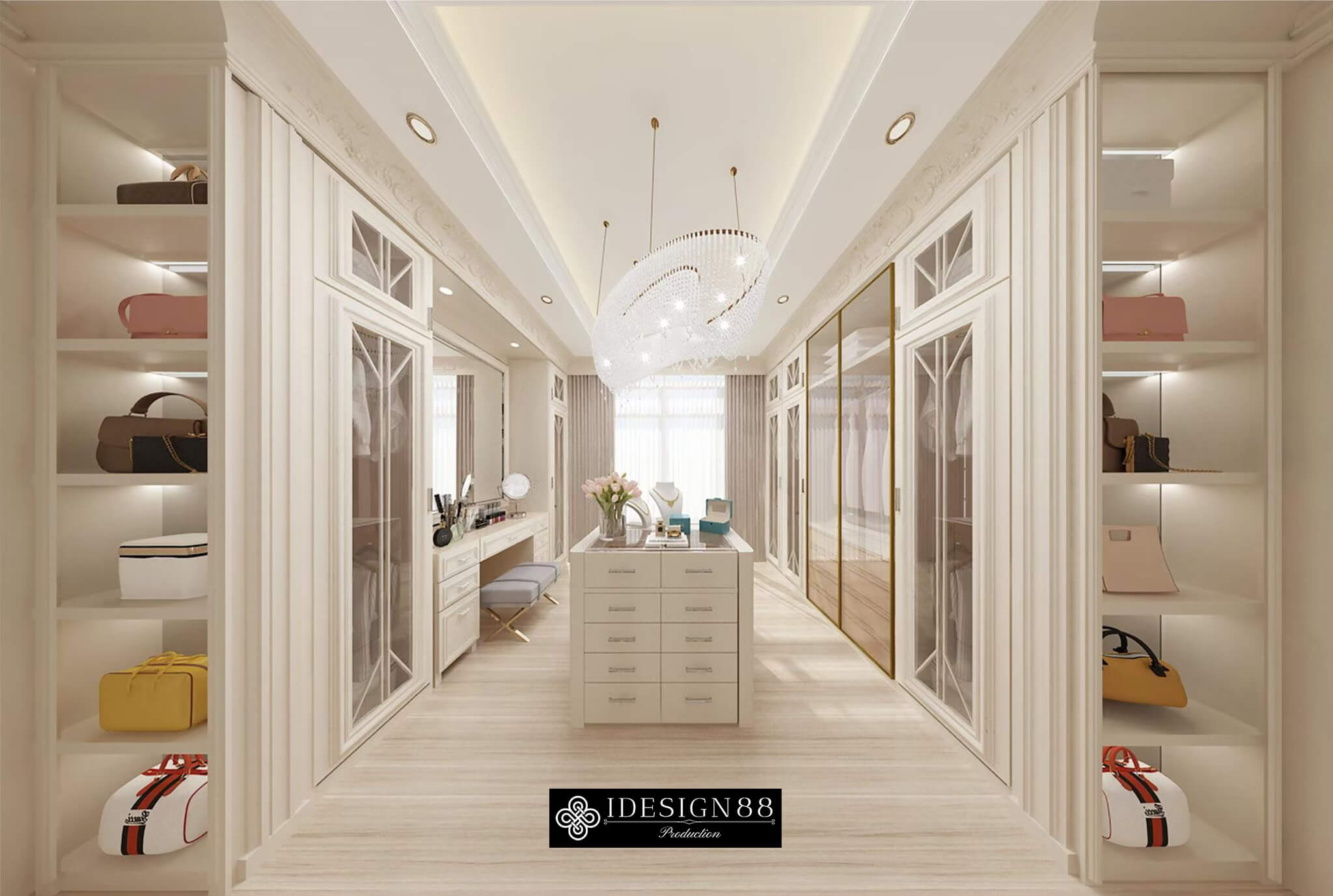 ห้องแต่งตัวบานตู้กระจกกรอบคลาสสิกพร้อมไฟในชั้นวาง บ้านเดี่ยว Burasiri Pattannakarn หลังที่ 2 โดย iDesign88