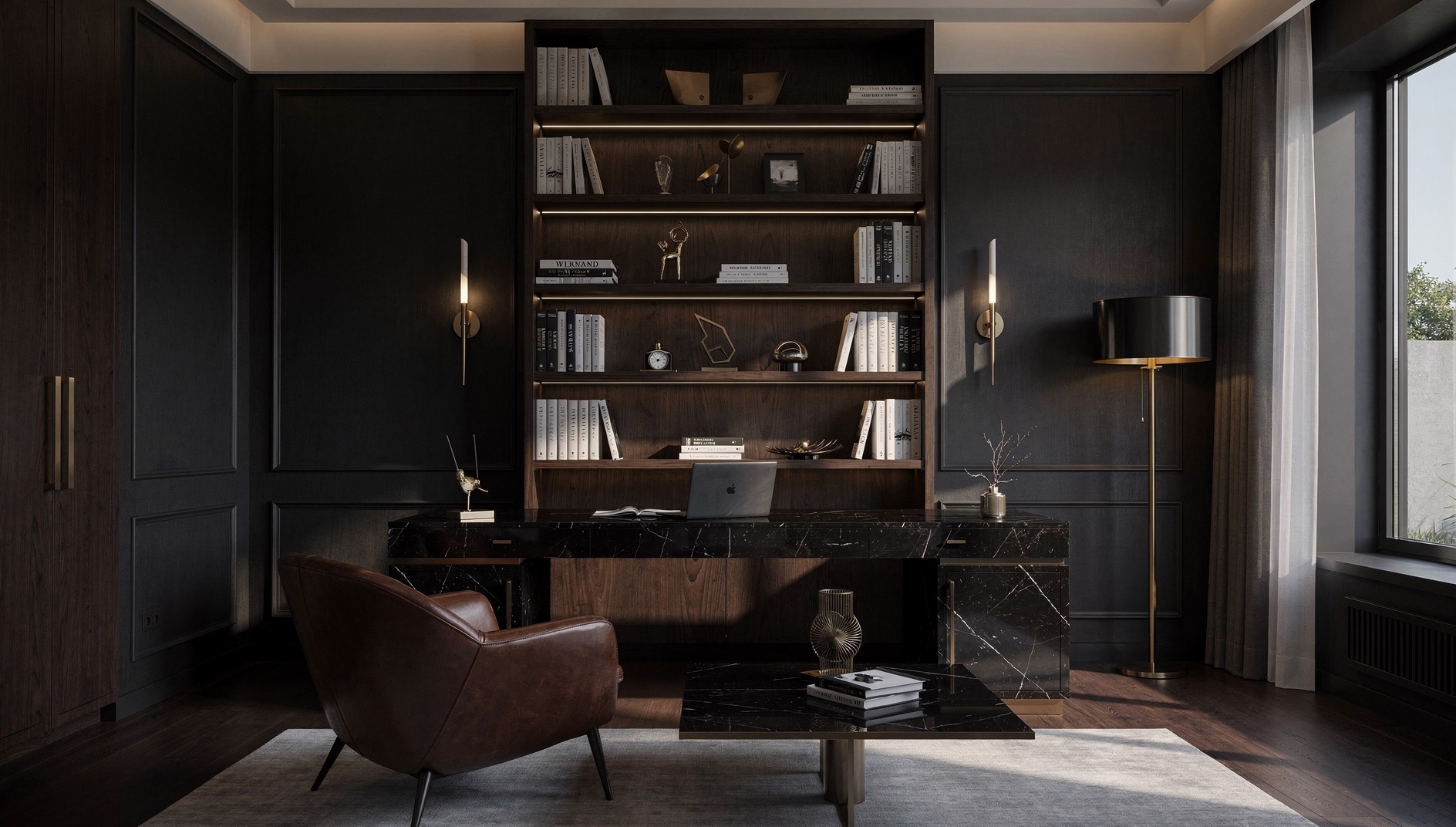 ตกแต่งภายในห้องทำงานโทนดาร์กลักชัวรี