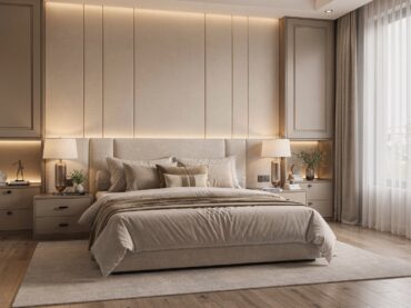 ตกแต่งภายในห้องนอนหรู master bedroom ผนังหัวเตียงบิ้วอิน