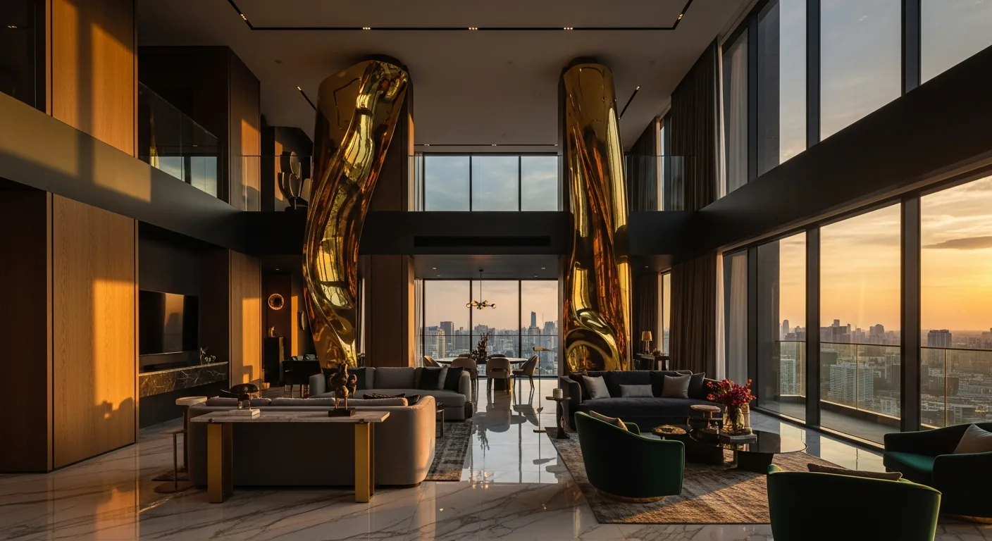 ผลงานตกแต่งภายในคอนโดหรู iDesign88 ห้องนั่งเล่น Gold Detail Marble Floor กรุงเทพ