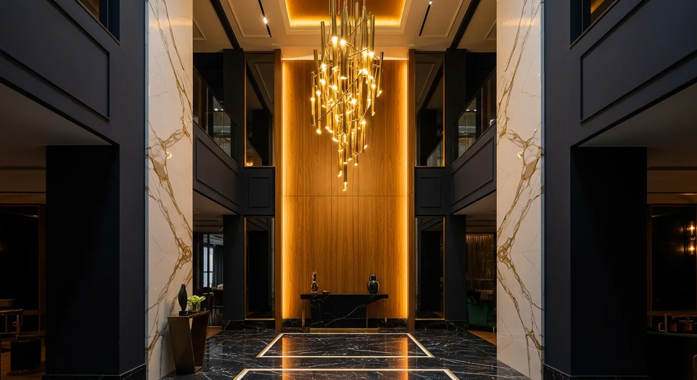 ตกแต่งภายในคอนโดหรู Modern Luxury ห้องนั่งเล่น Wood Panel Gold Detail iDesign88