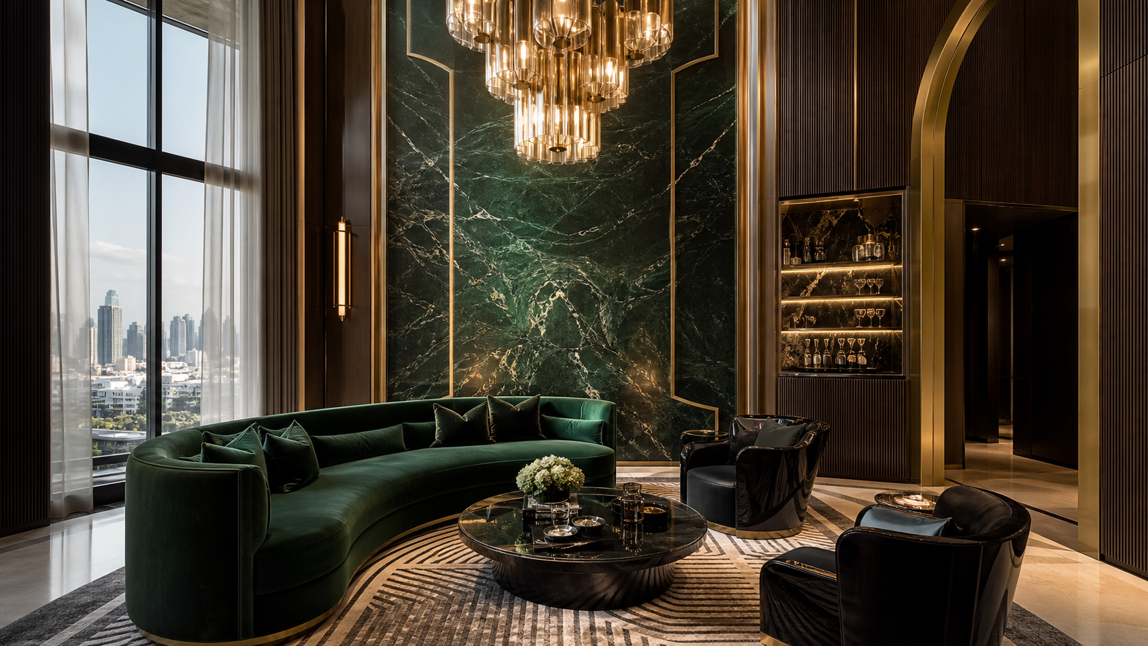 Grand Contemporary Art Deco salon with emerald marble, brass and chandelier