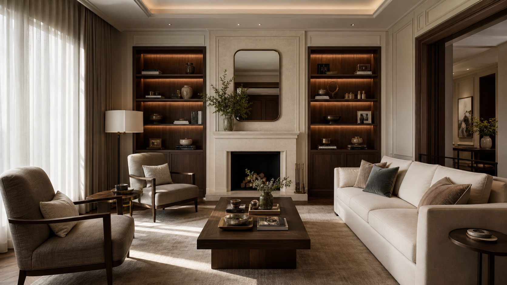 Modern Classic family living room with refined paneling and walnut