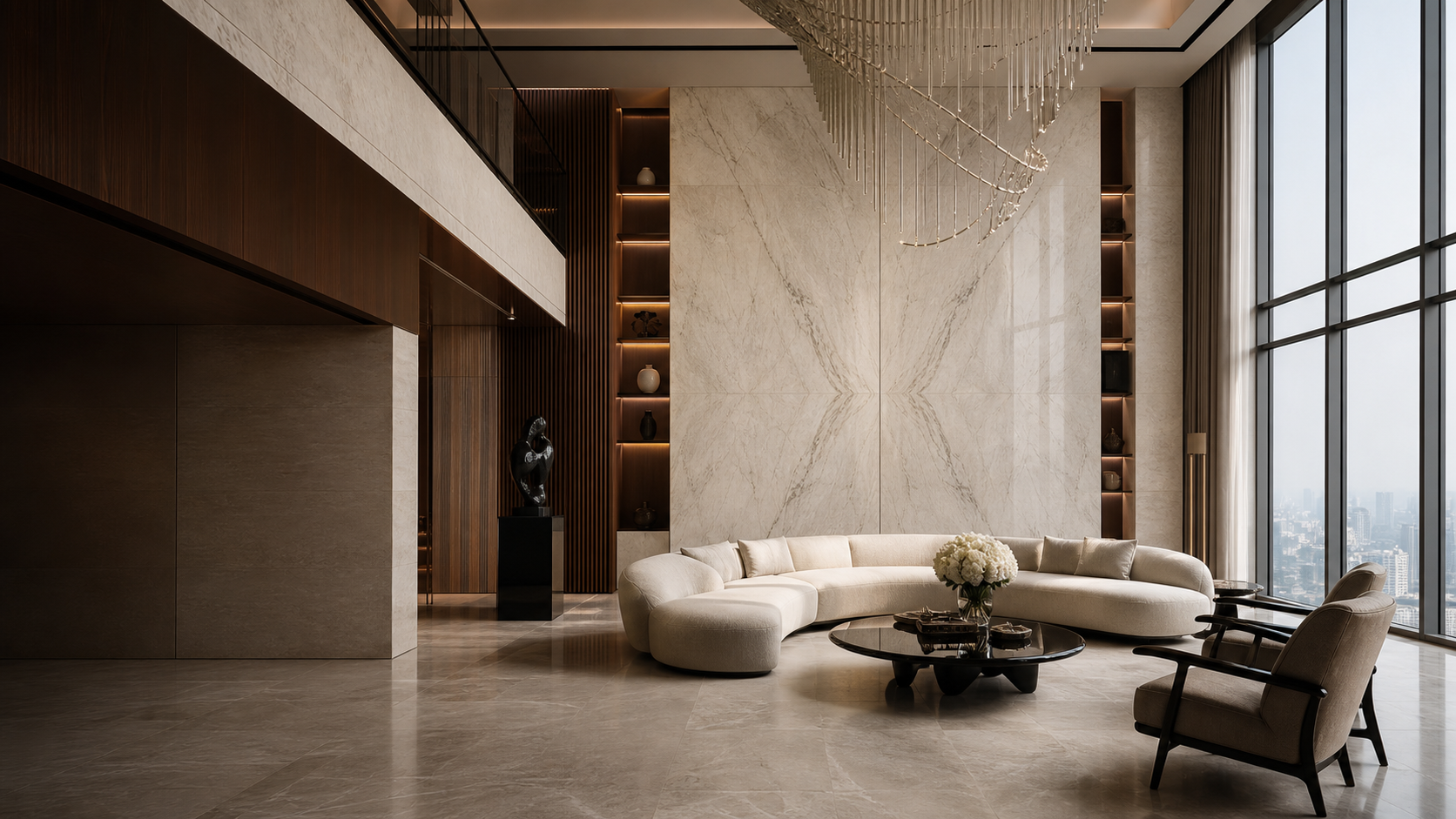 Grand Modern Luxury penthouse living room with book-matched marble and bronze