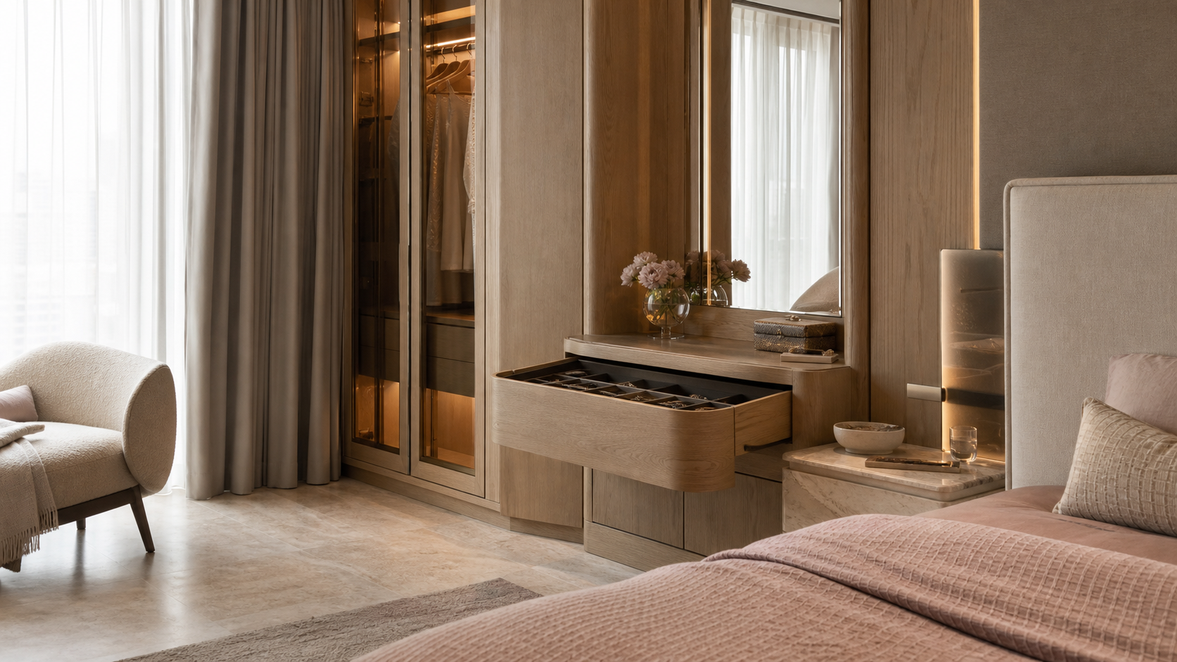 Private Retreat bedroom dressing suite with warm oak and ivory linen