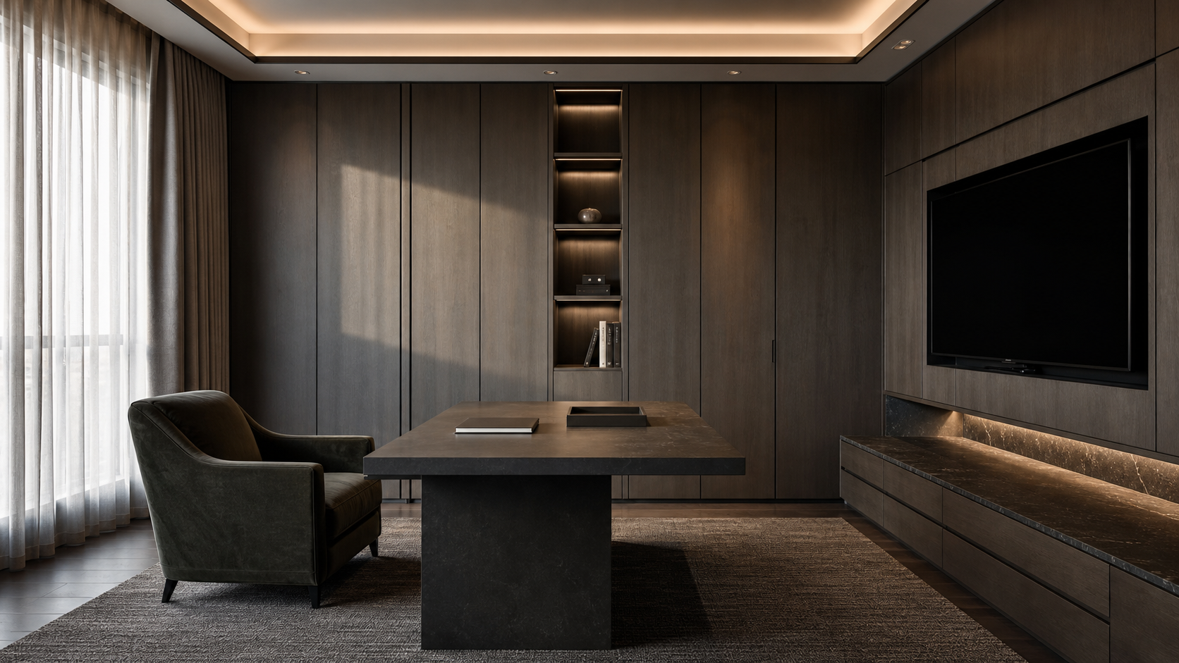 Tailored Minimal executive home study with smoked oak and charcoal stone