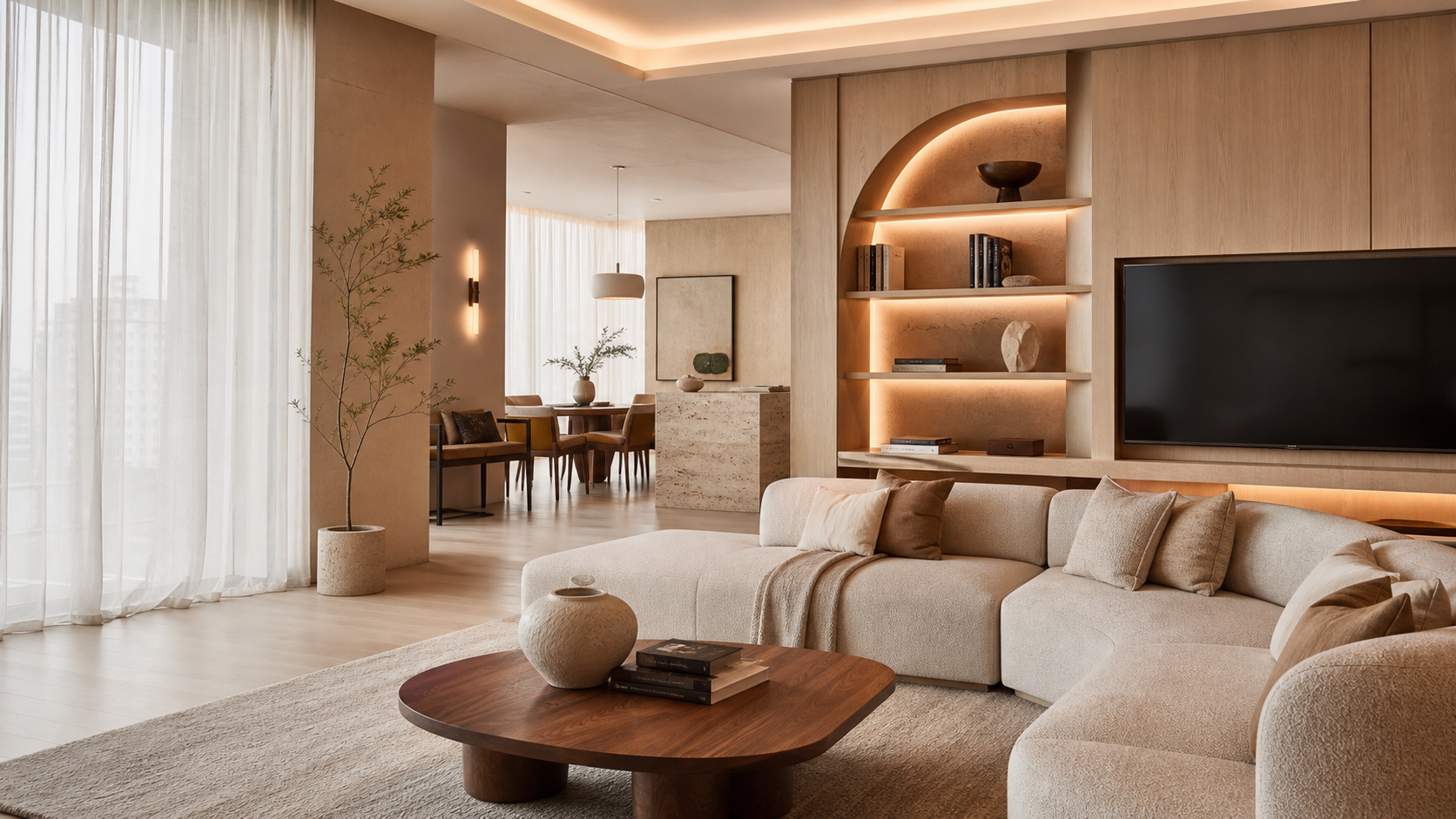 Warm Contemporary family living room with light oak and rounded built-ins