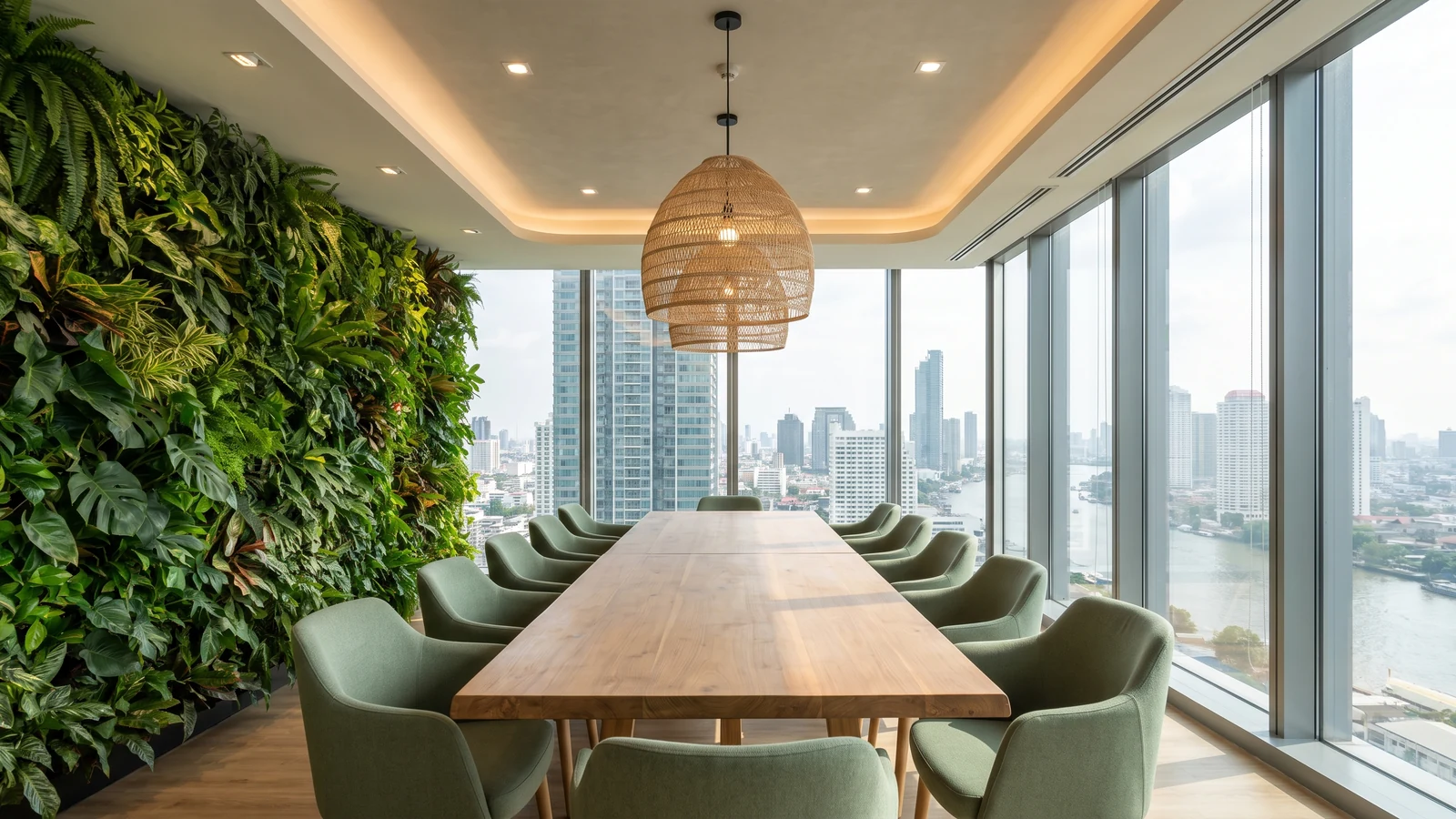 ห้องประชุมสไตล์ Biophilic ผนังต้นไม้จริงและโต๊ะไม้แมสซีฟ