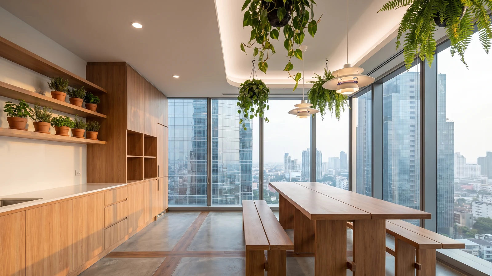 แพนทรี่ออฟฟิศสไตล์ Biophilic ตู้ไม้และชั้นปลูกพืชสวนครัว