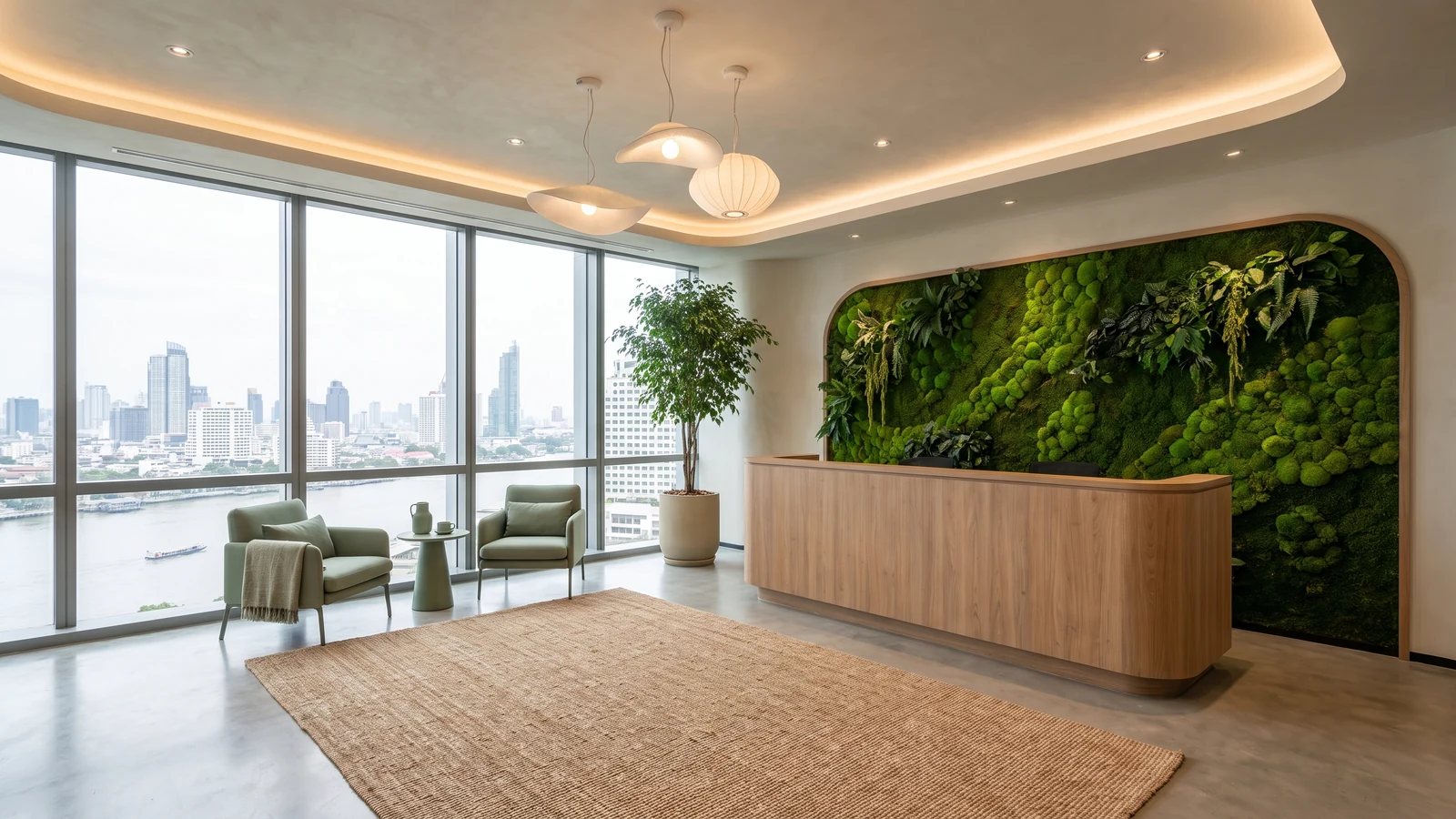 โถงต้อนรับสไตล์ Biophilic เคาน์เตอร์ไม้และผนังมอสส์พร้อมต้นไม้ใหญ่