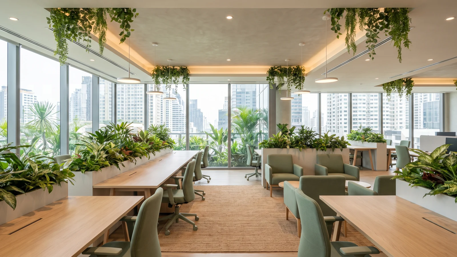 พื้นที่ทำงานสไตล์ Biophilic กระบะต้นไม้คั่นโต๊ะและแสงธรรมชาติ