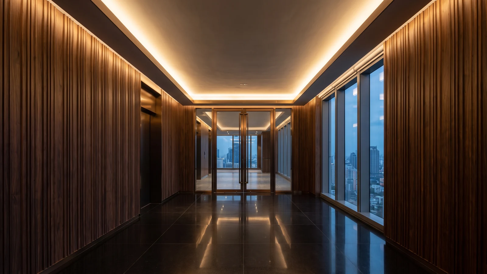 ทางเดินสำนักงานสไตล์ Dark Executive ผนังไม้วอลนัทและพื้นหินสีเข้ม