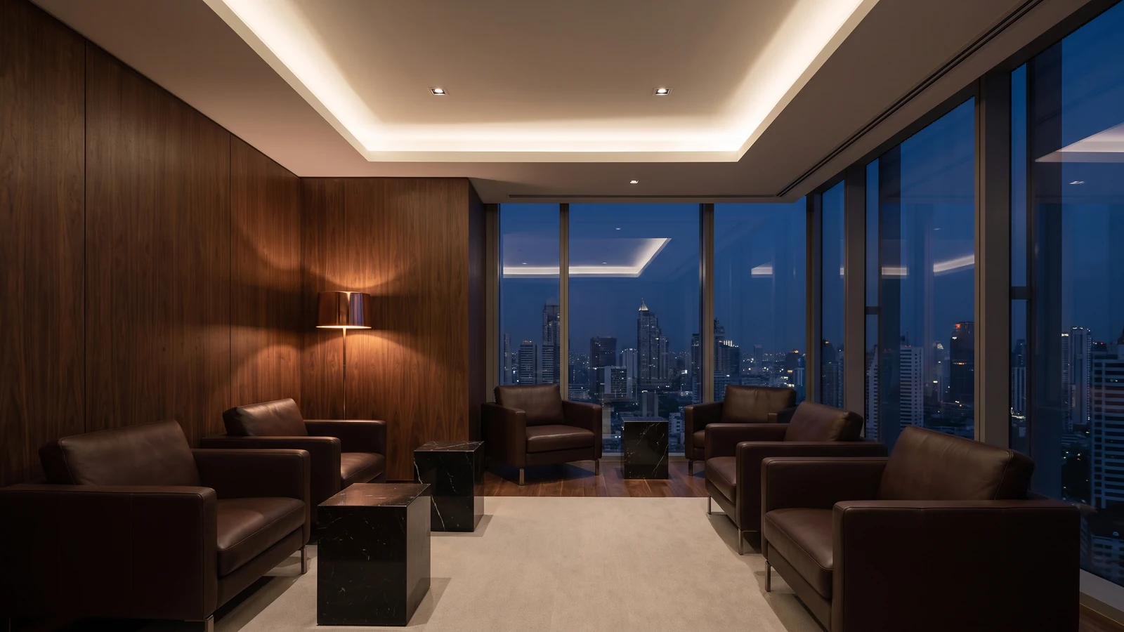 มุมรับรองสไตล์ Dark Executive เก้าอี้หนังและโคมไฟทองแดง