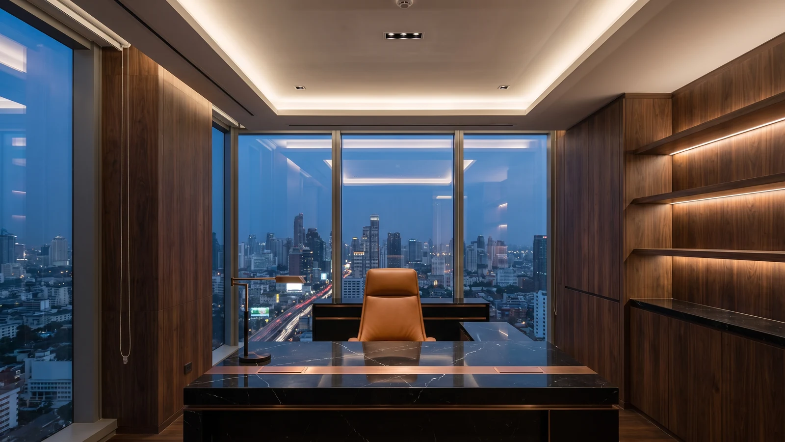 ห้องผู้บริหารสไตล์ Dark Executive ไม้วอลนัทและหินอ่อนดำ