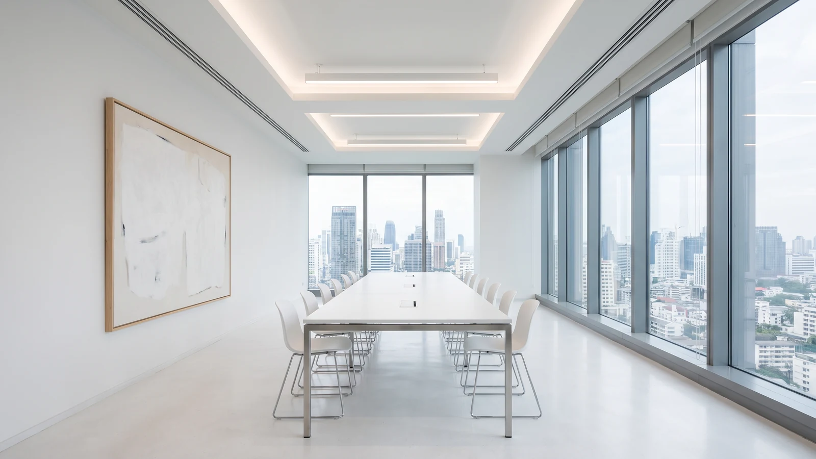 ห้องประชุมสไตล์ Gallery White โต๊ะขาวและงานศิลปะบนผนัง