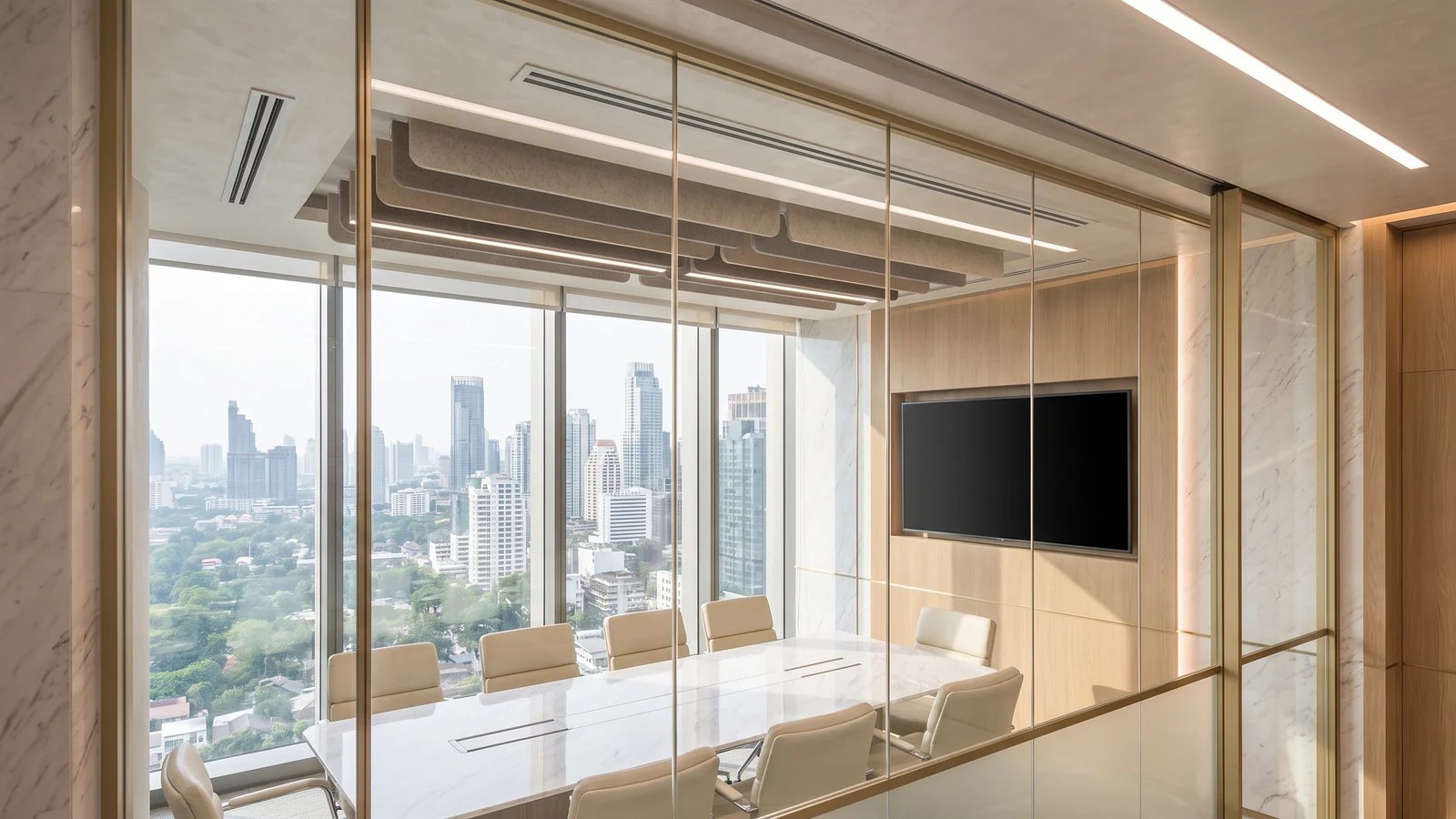 ห้องประชุมกระจก ออกแบบตกแต่งภายในออฟฟิศ โต๊ะประชุมหินอ่อน iDesign88