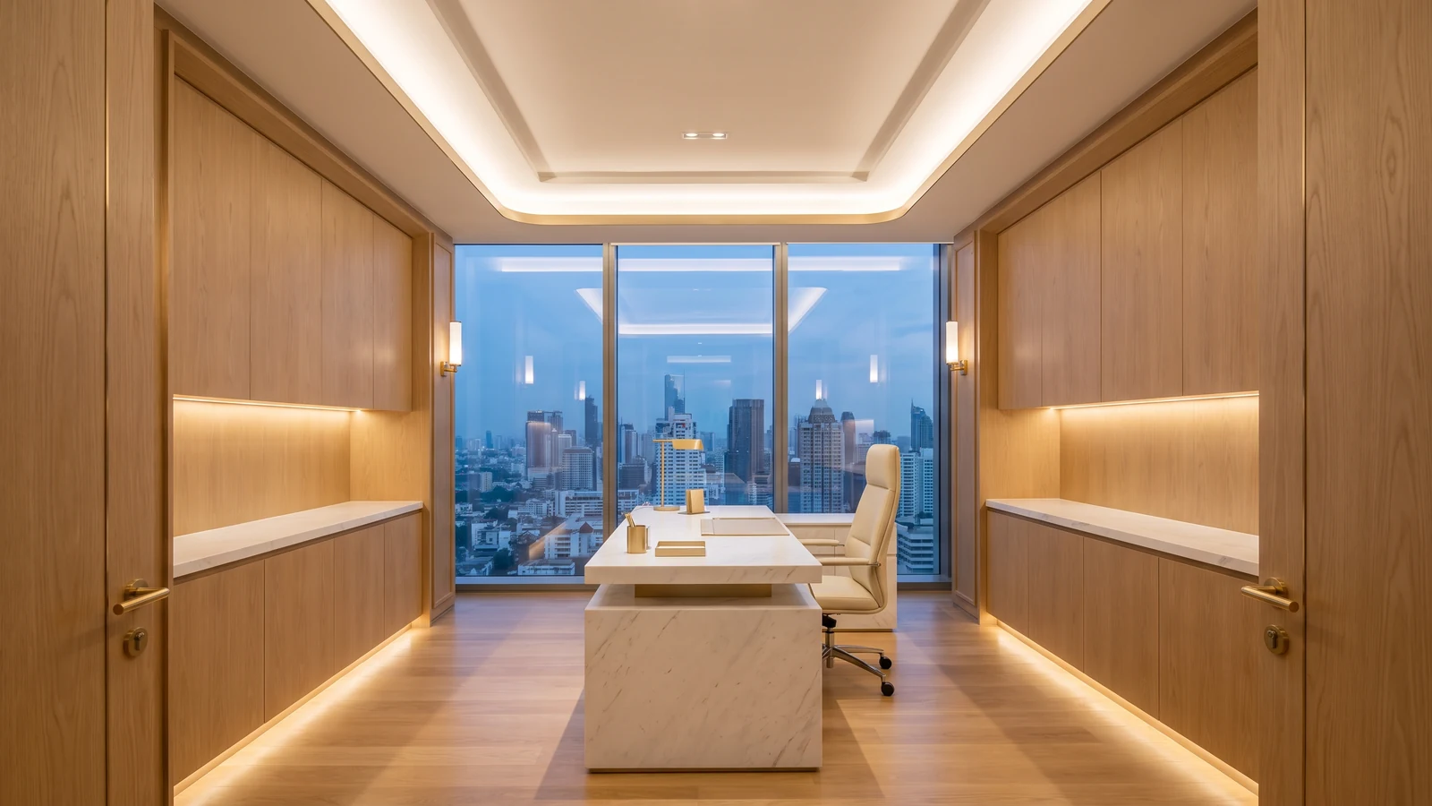 ห้องผู้บริหารสไตล์ Modern Luxury ไม้โอ๊คและหินอ่อนขาว ออกแบบตกแต่งภายในสำนักงาน