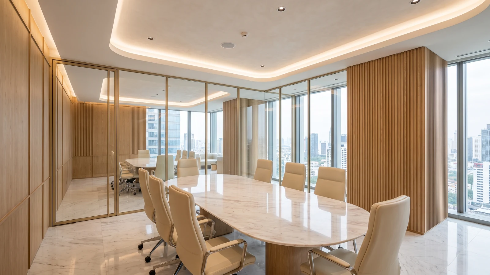 ห้องประชุมสไตล์ Modern Luxury ไม้โอ๊คและหินอ่อนขาว ออกแบบตกแต่งภายในสำนักงาน