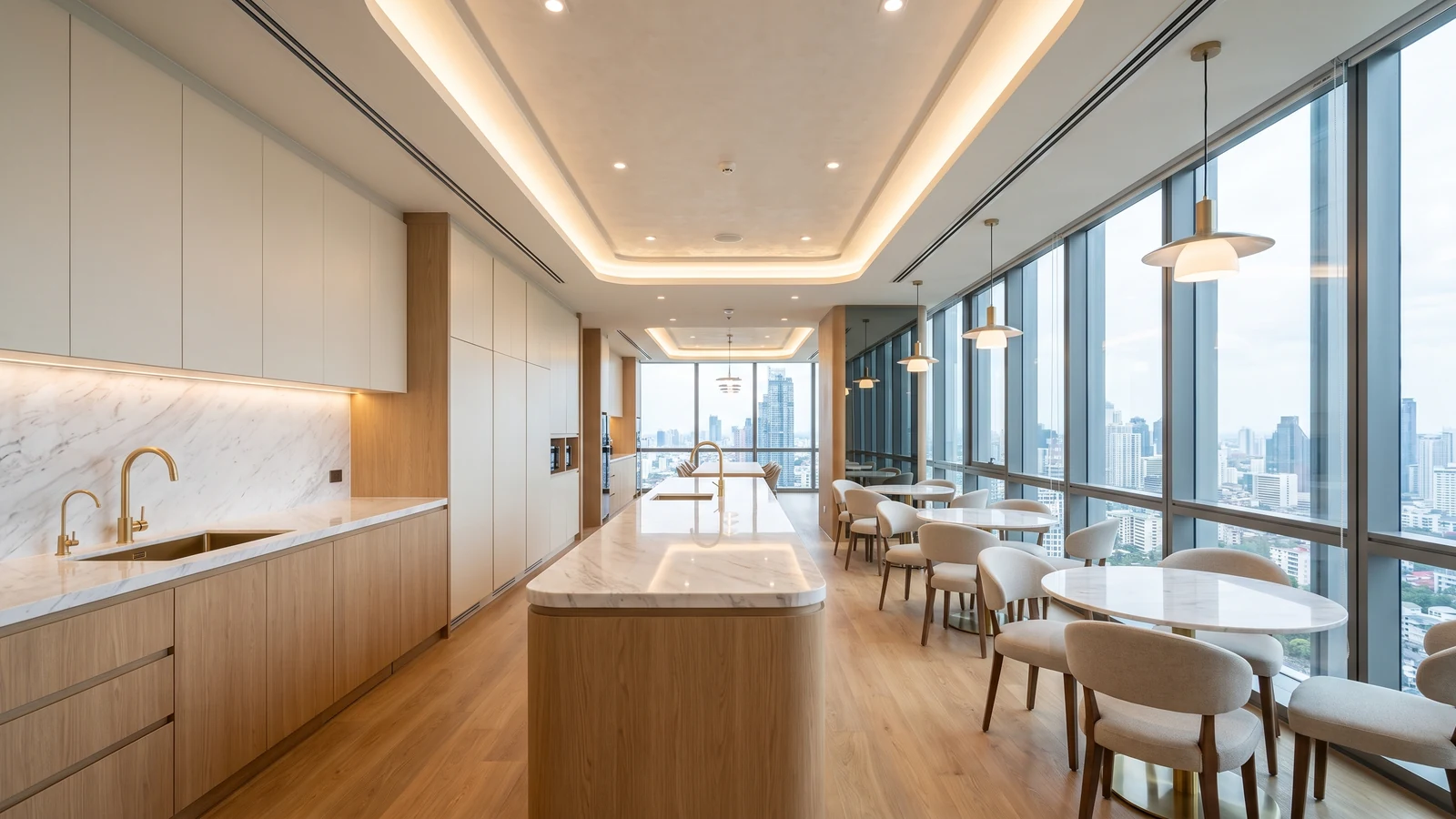 แพนทรี่ออฟฟิศสไตล์ Modern Luxury เคาน์เตอร์หินอ่อนขาวและงานทองแชมเปญ