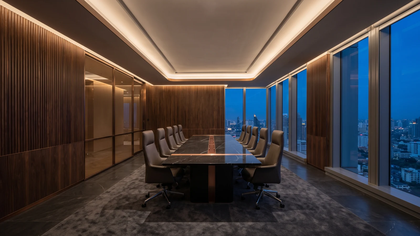 ออกแบบออฟฟิศสไตล์ Dark Executive ห้องประชุมบอร์ดไม้วอลนัทและหินอ่อนดำ สำหรับสำนักงานใหญ่