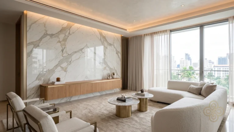 ห้องนั่งเล่นสไตล์ Modern ผนังหินอ่อน Calacatta ตู้ลอยไม้โอ๊ค และไฟซ่อนที่ขอบฝ้า